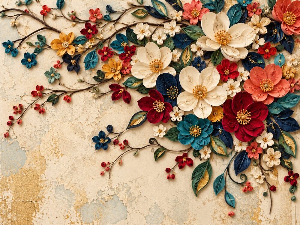 8x10 Framed Quilled Floral Print | Vintage Colorful Botanical Flower Wall Art